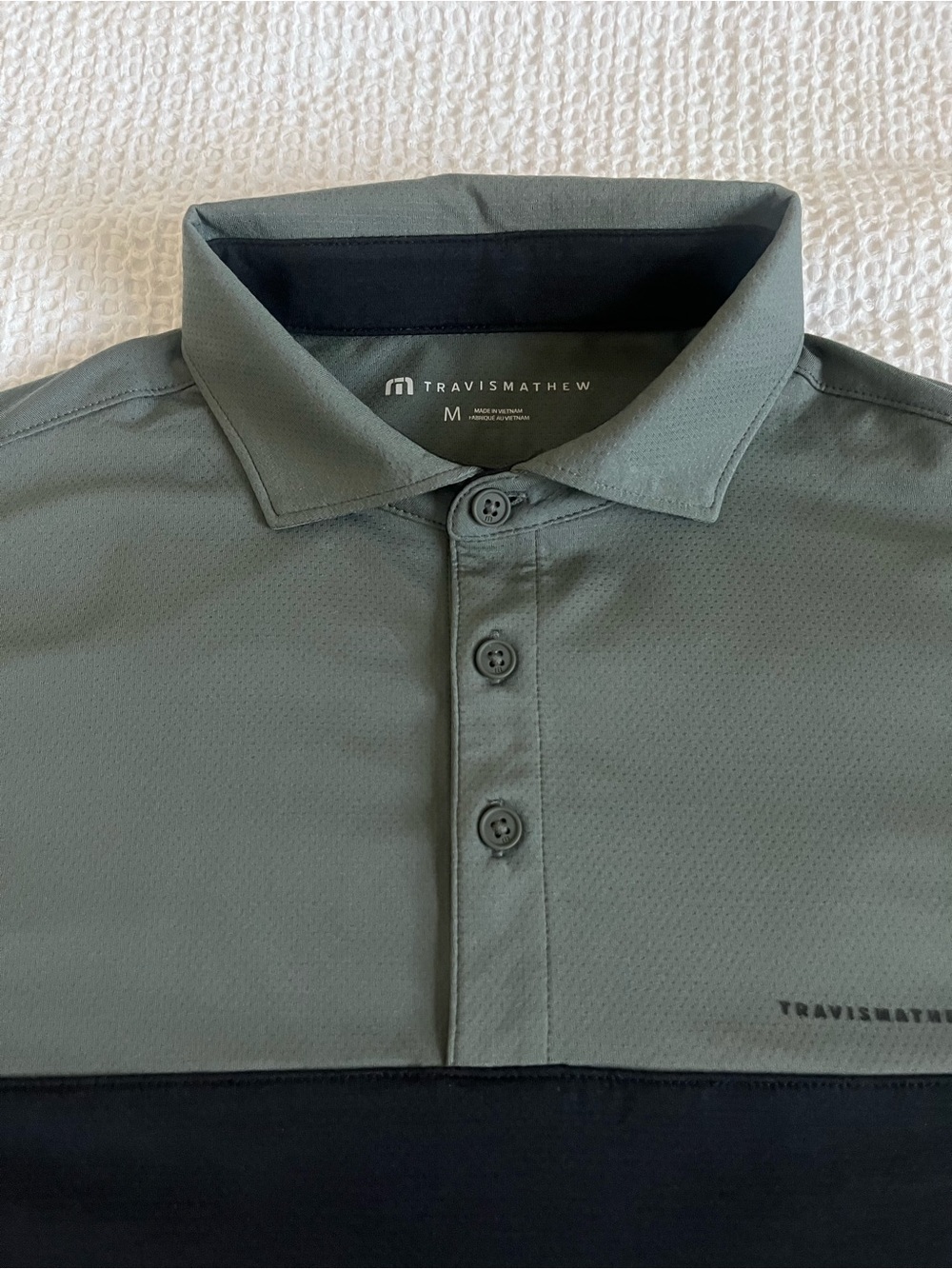 Travis Mathew Heater Pro Color Block Polo in Dark Olive - Picture 7 of 10